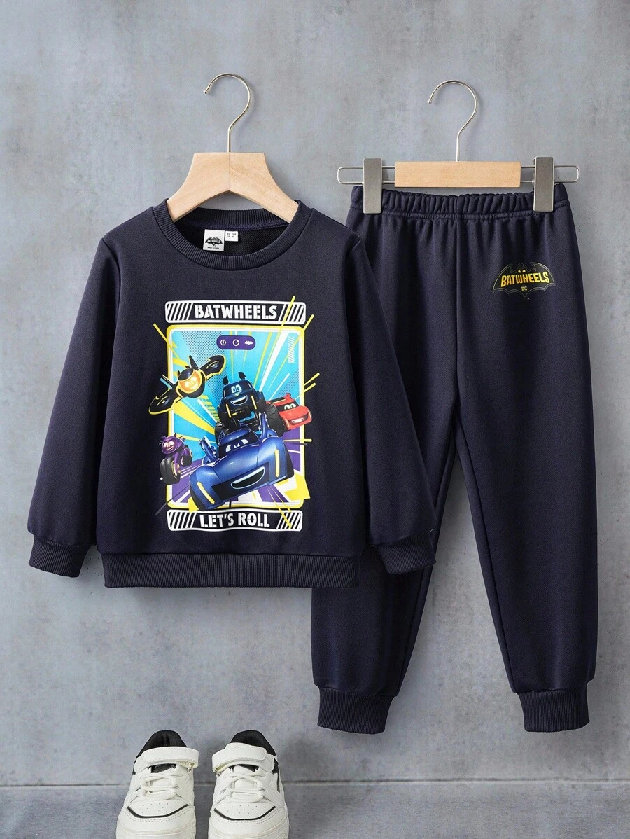 Batwheels X SHEIN 2 pièces/Set Sweat-shirt col rond motif de dessin animé pour jeune garçon et pantalon de survêtement à taille élastique - Bleu marine - Voir 1