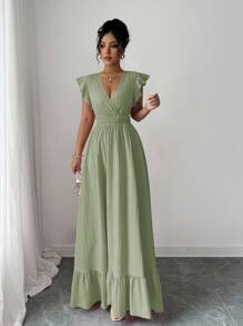 Elenzga Solid Ruffle Hem Dress Maxi Vacation Beach Outfits Women - Mint Green - View 3