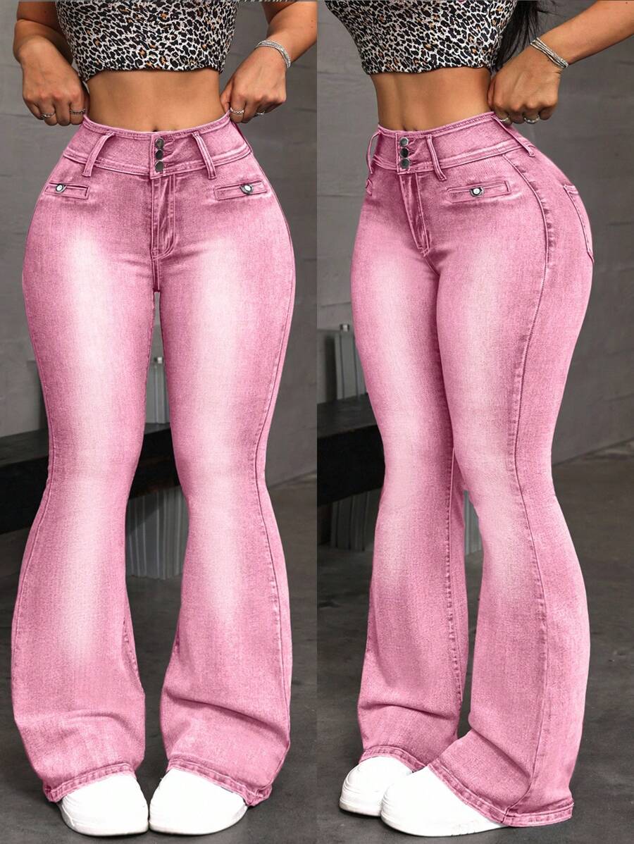 SHEIN EZwear 女式纯色牛仔长裤，休闲时尚，适合日常穿着 - 粉色 - 查看 1