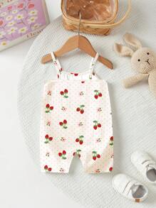 SHEIN 奶油白色连体短裤，带有可爱的迷你草莓、花朵和波尔卡圆点印花，休闲女婴连体衣，适合春夏季、清凉度假、居家、户外、野餐、度假 - 彩色 - 查看 2