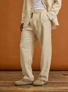 Musero 男士锥形九分褶裥西裤，翻折式系带，春夏度假休闲正装剪裁 - 杏色 - 查看 3