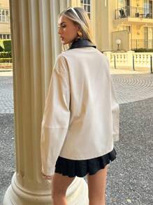 Siren Gaze Automne : Veste décontractée de navettage pour femmes en kaki - Col en PU contrastant, Fermeture éclair, Coupe ample | Style de grange Old Money, Décontracté chic modeste | Enseignant Aéroport 2025 Nouvel automne | Hiver pour femmes et Indispensable hiver pour femmes - Nude - Voir 3