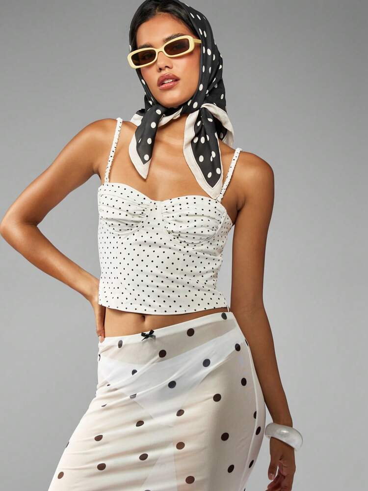 MISSGUIDED Retro Style Bustier Crop Top With Ruched Front Detail Polka Dot Pattern Adjustable Spaghetti Straps Summer Holiday Resort Wear Versatile Fashion Essential