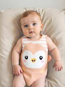 SHEIN Infant Unisex Penguin Pattern Knit Soft Crew Neck Sleeveless Bodysuit, Casual And Versatile - Khaki - View 3