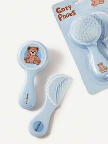 Cozy Pixies 2pcs/Set Baby Newborn Care Tools, Blue Bear & Polka Dot Design Comb & Brush