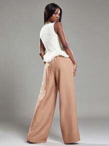 NYA SZN Trouser Tie Elastic Waistband Side Tie Ruched Linen Pants Beach Workwear S Brown - Brown - View 7