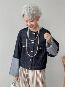 FRIFUL 休閒時尚百搭前扣式寬鬆女款牛仔夾克 - 藍色 - 查看 7