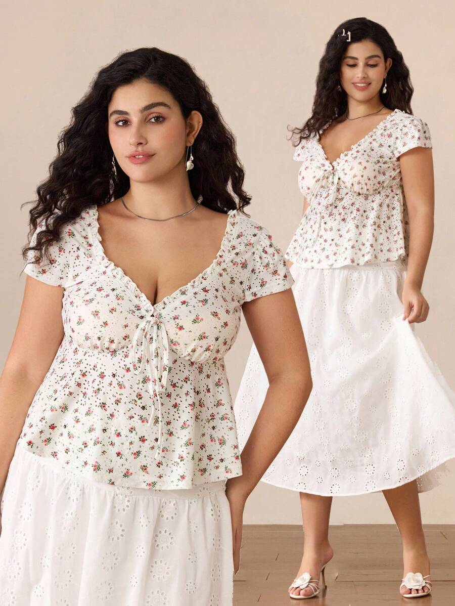 SHEIN MOD 大码女式可爱印花荷叶边下摆衬衫，适合返校、约会、生日、初秋、短款上衣、夏季上衣 - 彩色 - 查看 1