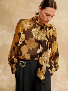 Arave Áo sơ mi nữ chất liệu vải dệt jacquard dập nổi, cổ áo thiết kế ruy băng phối màu tương phản, thời trang và thanh lịch, hai màu, chất liệu jacquard, thích hợp cho giáo viên, mùa thu, phong cách cổ điển, màu trắng, thường ngày, mùa xuân. - Nhiều màu - Xem 6