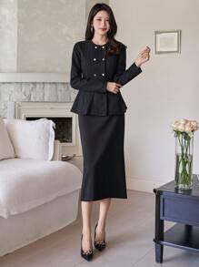 DAZY 纯色修身长袖腰部收紧双排扣喇叭袖口金属装饰优雅复古女式衬衫，秋冬 - 黑色 - 查看 8