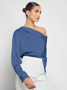 BizChic 女式不对称设计褶皱肩部垂坠宽松长袖缎面衬衫，都市通勤基本款简约优雅时尚商务休闲装，适合教师和办公室穿着