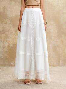 SHEIN LUNE Women's White Elegant Summer Chiffon Pleated Lace Maxi Skirt,Boho Flowy Wedding Guest Skirt,Holiday Resort Wear,Old Money Style Tea Party Nashville - White - View 4