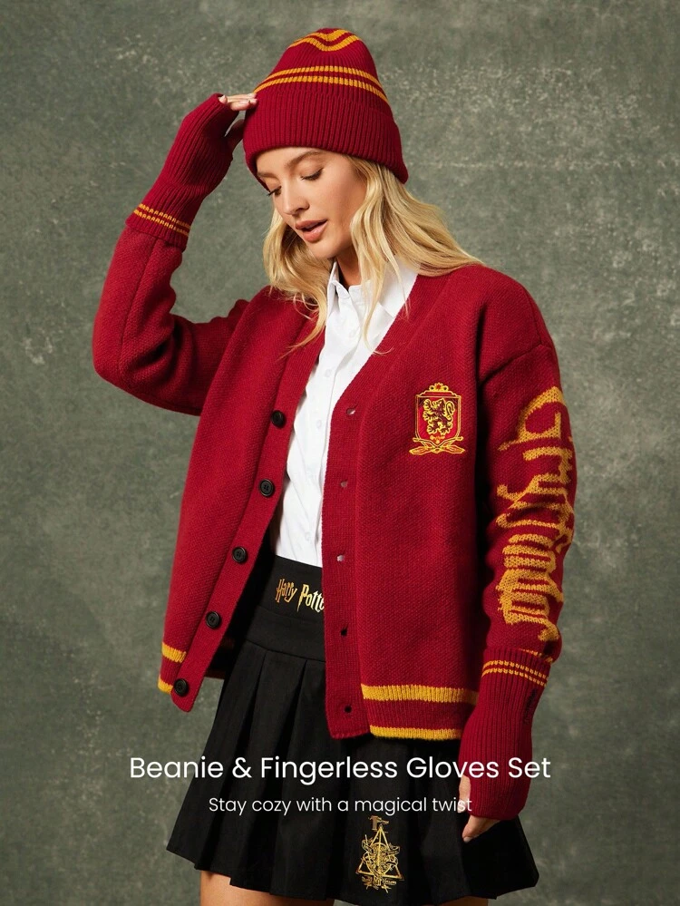 GLOWMODE X Harry Potter Hogwarts House Soft Wool Logo Embroidery Beanie & Fingerless Gloves Set Daily Casual Wear