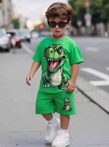 Toddler Boys' Vacation Casual Comfortable Dinosaur Print Round Neck Short Sleeve T-Shirt And Printed Shorts Set Animal Print Dress Halloween Costumes School Clothes School Clothes Back To School Clothes Puppy Keep Puppy Graphic Tees - Multicolor - View 1
