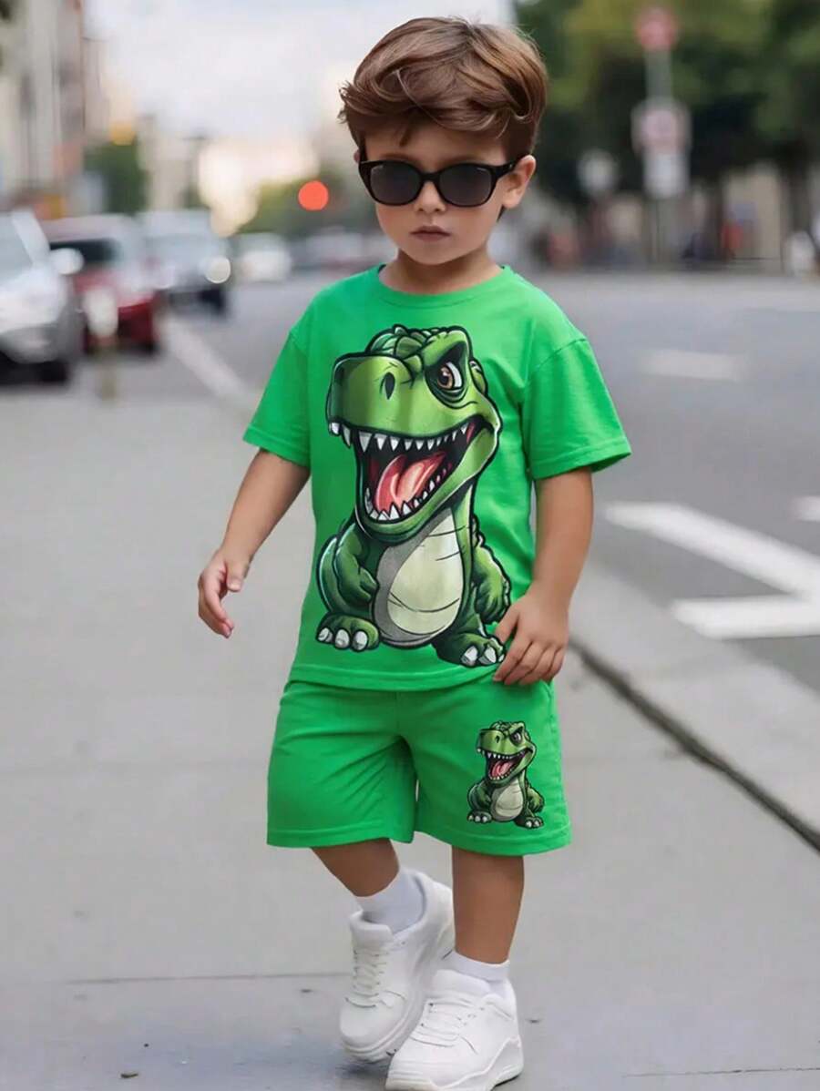 Toddler Boys' Vacation Casual Comfortable Dinosaur Print Round Neck Short Sleeve T-Shirt And Printed Shorts Set Animal Print Dress Halloween Costumes School Clothes School Clothes Back To School Clothes Puppy Keep Puppy Graphic Tees - Multicolor - View 1