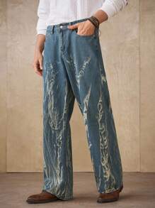 Manfinity Homme Jeans dritti da uomo con lavaggio sbiadito blu-verde, stile casual da strada, adatti per primavera/estate - Blu lavato medio - Visualizzare 2