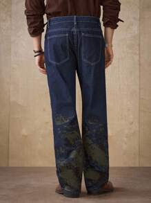 Manfinity Homme 男士宽松直筒泼墨印花牛仔裤，春夏 - 藍色 - 查看 3