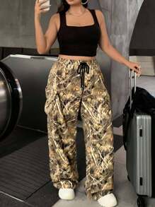 SHEIN EZwear Spodnie dresowe w stylu vintage streetwear z nadrukiem opadłych liści, sznurowane, w dużych rozmiarach - Wielokolorowe - Zobacz 5