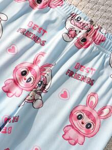 Bộ đồ ngủ thoải mái gồm 2 áo tay ngắn in họa tiết hoạt hình và quần legging cho bé gái - Màu xanh nhạt - Xem 5