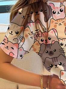 SHEIN Tween Girls' Casual Minimalist Cat Cartoon Pattern Round Neck Short Sleeve Shorts Pajamas, Suitable For Summer Cute Pajamas For Women Kawaii Pajamas Cat Pajamas Cute Cat Pajamas Kitten Pajamas