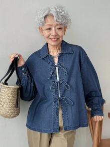 FRIFUL 休闲长袖牛仔衬衫，前部打结，常规长度，牛仔夹克，秋季女装领带前衬衫女式牛仔上衣牛仔衬衫女式领带前牛仔衬衫 - 藍色 - 查看 5