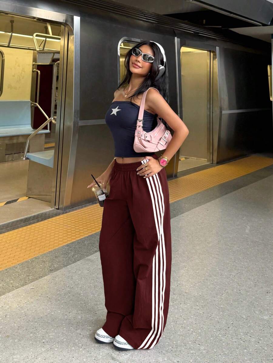 Muchica Women's Burgundy Elastic Waist Side Striped Wide Leg Loose Casual Pants