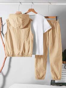 Buy 2 Get 1 Free, 3pcs/Set Tween Boy Casual Hoodie Vest And Elastic Waist Pants Set With Bonus T-Shirt, Comfortable, Versatile, Suitable For Autumn, Spring, Summer, Daily Wear, Outdoor, School, Street, Party, And Leisure, Boys Beige Outfits, Boys Casual Pants Suit Outfit, Boy Sleeveless Sets