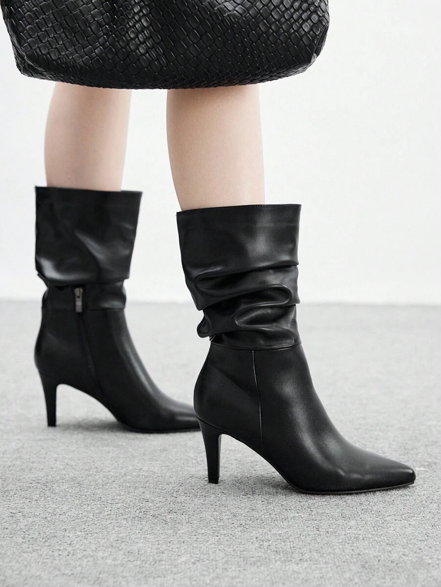 CUCCOO BIZCHIC Women's Pointed Toe Stiletto Heel Black Fashion Slip-On With Side Zipper PU Leather Daily Commute Versatile Pleated Mid-Calf Boots For Christmas - Black - View 1