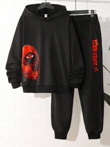 青少年男孩休闲印花连帽衫和抽绳慢跑裤运动服套装，适合休闲、运动和户外穿着 - 黑色 - 查看 1