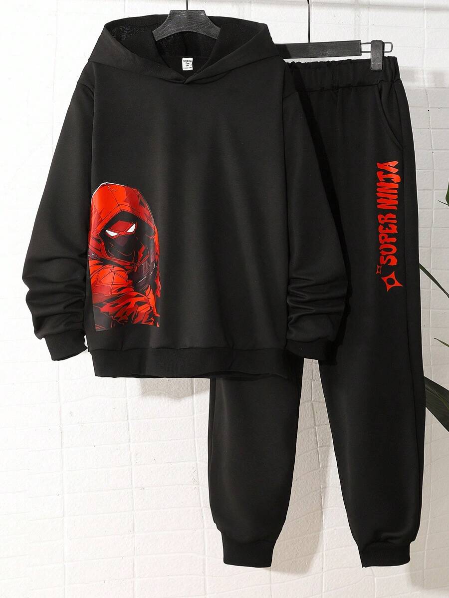 青少年男孩休闲印花连帽衫和抽绳慢跑裤运动服套装，适合休闲、运动和户外穿着 - 黑色 - 查看 1