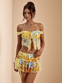 SHEIN BAE 1 Set Solid Color Floral & Leopard Print Off Shoulder Twist Neck Ruffle Top & Low Waist Ruffle Hem Skirt, Beach Resort Summer Sunshine Vacation 2 Pieces Set, Lovely Dress