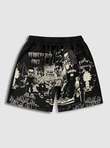 ROMWE MEN Street Life Men's Street Graphic Character Print Shorts, Suitable For Daily Wear In Spring & Summer - Black - View 1