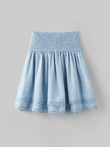 Ontre 青少年女孩褶饰细肩带短款上衣和百褶裙两件套服装，夏季休闲度假百搭套装，蓝色百褶裙，无袖花卉饰边上衣 - 淺藍色 - 查看 2