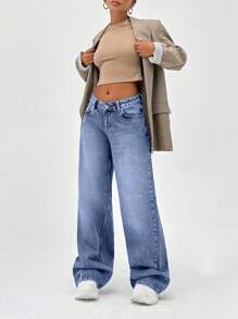 EURMUSE 100% Cotton LOW RISE WIDELEG CUT VINTAGE WASH Y2K BAGGY JEANS - Royal Blue - View 6