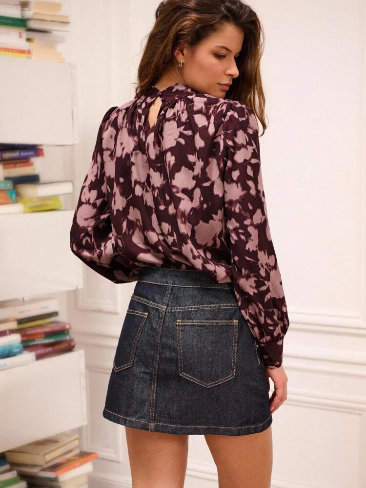 Abstract Floral Print Chiffon Long Sleeve Blouse With Keyhole Neck Cut Out Detail Teacher Office Blouse Spring Summer Top Business Casual Top