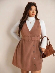 Elaquor Váy suông cổ điển màu nâu phong cách đại học thường ngày mùa thu, vải nhung kẻ, túi thắt lưng có thể tháo rời, cỡ lớn dành cho nữ, quần áo mùa đông - màu nâu - Xem 5