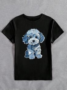 EMERY ROSE Vintage Patchwork Puppy Graphic Print T-Shirt, Women's Casual Round Neck Short Sleeve Minimalist Top, Suitable For Outdoor Wear - Black - View 3