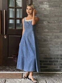 DAZY 西部牛仔风流苏腰部A字喇叭裙摆休闲度假夏季连衣裙，女士吊带长裙 - 藍色 - 查看 4