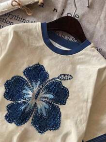 SHEIN EZwear Casual Floral Print Loose Fit Round Neck Short Sleeve T-Shirt For Women, Suitable For Autumn/Winter