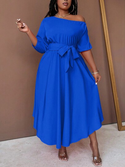 Maweii 加大码女式不对称肩部不对称领口系带腰部 A 字形黑色性感连衣裙长款女装