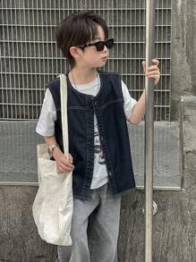 Dazy Kids Chaleco sin mangas de mezclilla para niño preadolescente, otoño - Azul lavado oscuro - Ver 6