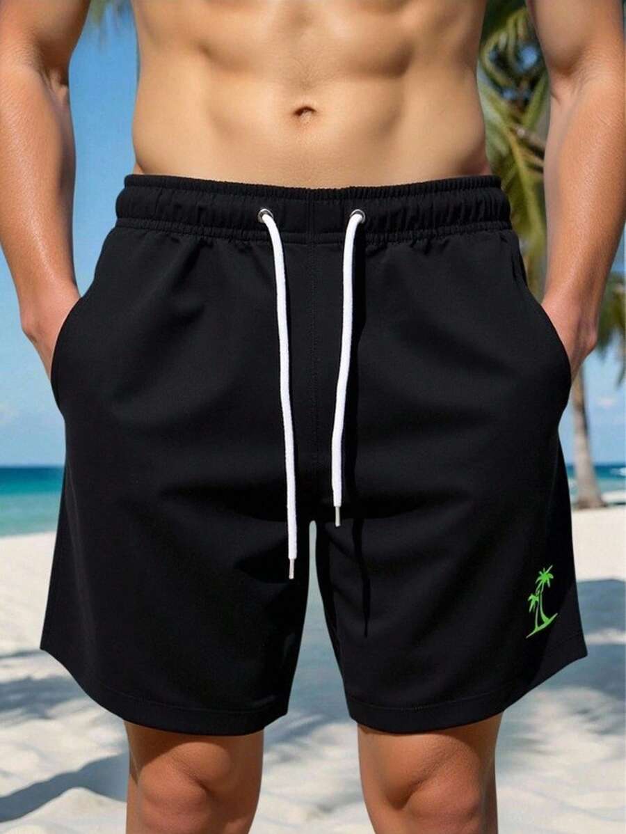 Surfspeed Men's Summer Vacation Coconut Tree Print Drawstring Waist Beach Shorts - Black - View 1