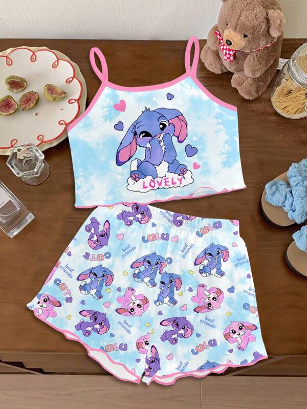 Camiseta y pantalones cortos de estilo minimalista casual para niñas jóvenes con estampado de conejo azul Lulu y Stitch, teñido anudado en azul cielo fresco, adecuado para verano, vacaciones, viajes soleados, atuendos casuales de primavera, escapadas de verano, momentos familiares, estilo bohemio hippie de chica coco Y2K listo para el brunch, viaje de chicas en azul bebé, vibraciones de playa neón, estilo de festival de música bohemio