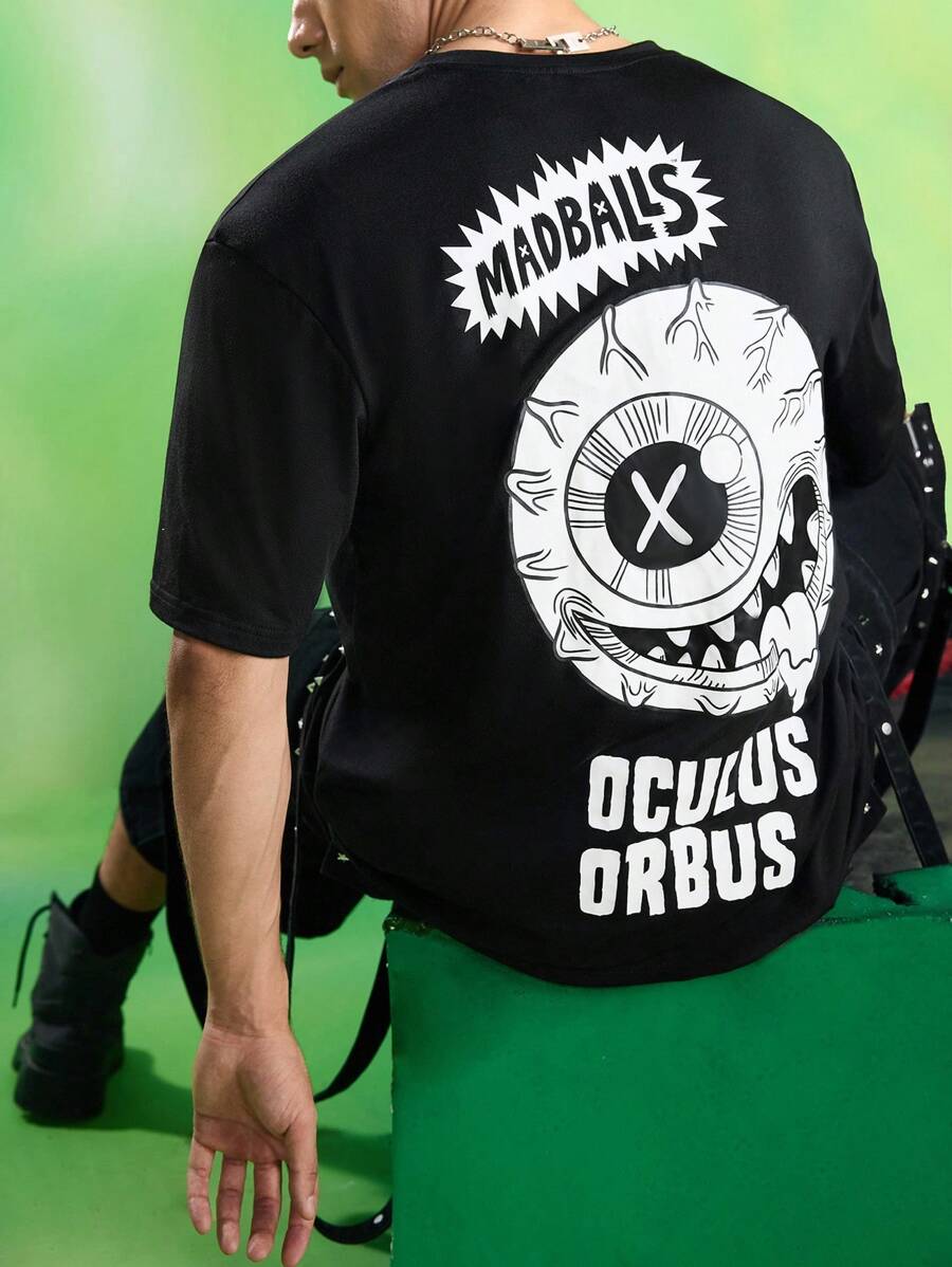 MADBALLS X SHEIN 男式字母与卡通图案黑色圆领短袖T恤 - 黑色 - 查看 1