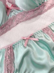 2pcs Underwire, Uplift, Molded Cup, Gather, Lace Patchwork, Satin Bow Comfy Balconette Cute Doll Fresh Women Lingerie Set Satin Lingerie Set Push Up Lingerie Set  Cozy And Elegant Details