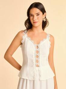 CAJUNI Boho Style Vacation Casual Tropical Contrast Lace Tank Top - White - View 6