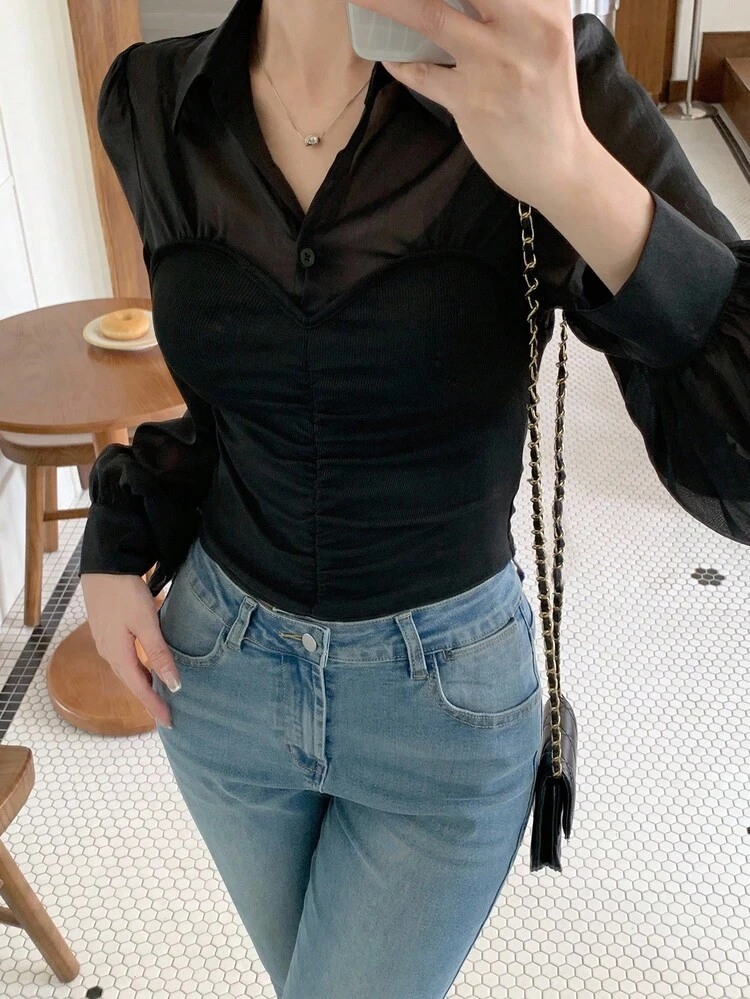 Women's Elegant Collared Long Sleeve Pullover Shirt With 2 In 1 Design