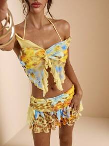 SHEIN BAE 1 Set Solid Color Floral & Leopard Print Off Shoulder Twist Neck Ruffle Top & Low Waist Ruffle Hem Skirt, Beach Resort Summer Sunshine Vacation 2 Pieces Set, Lovely Dress