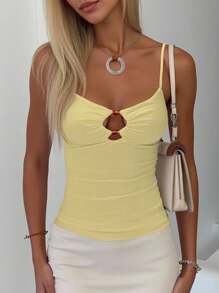 SHEIN 女式细肩带串珠镂空休闲修身背心，夏季 - 黃色 - 查看 1