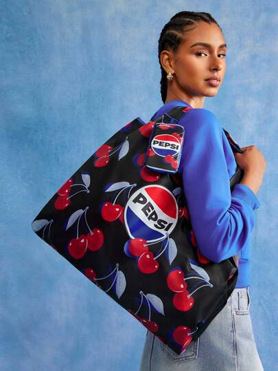 PEPSI X SHEIN 1pc Foldable Shopping Bag With Cherry Flavor Logo Print, Comes With Small Pouch, Detachable Chain For Hanging On Other Bags, Suitable For Commuting, Shopping, Travel, For Both Men And Women, Lightweight And Portable
